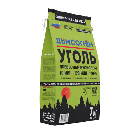Уголь древесный кусковой ДЫМ с ОГНЕМ Долгое Горение, мешок 7 кг