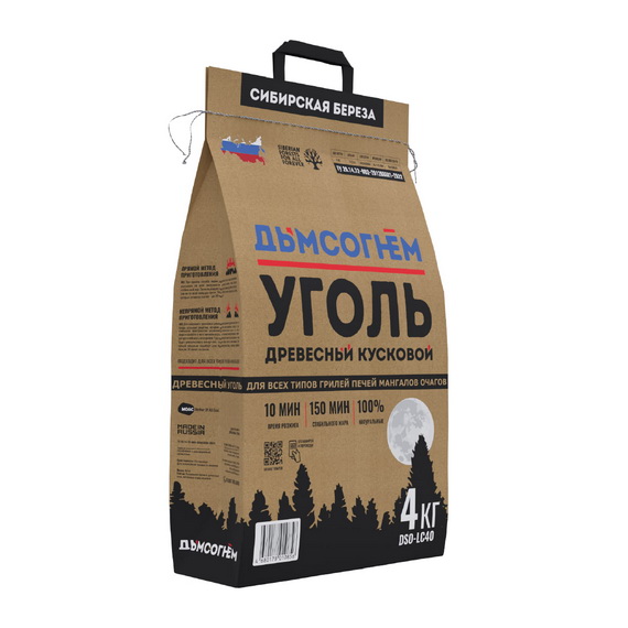 Уголь древесный кусковой ДЫМ с ОГНЕМ Долгое Горение, мешок 4 кг