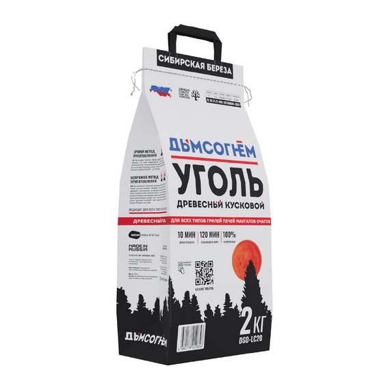 Уголь древесный кусковой ДЫМ с ОГНЕМ Долгое Горение, мешок 2 кг